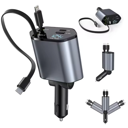 4-in-1 Retractable 120W Fast Car Charger with Dual USB Ports