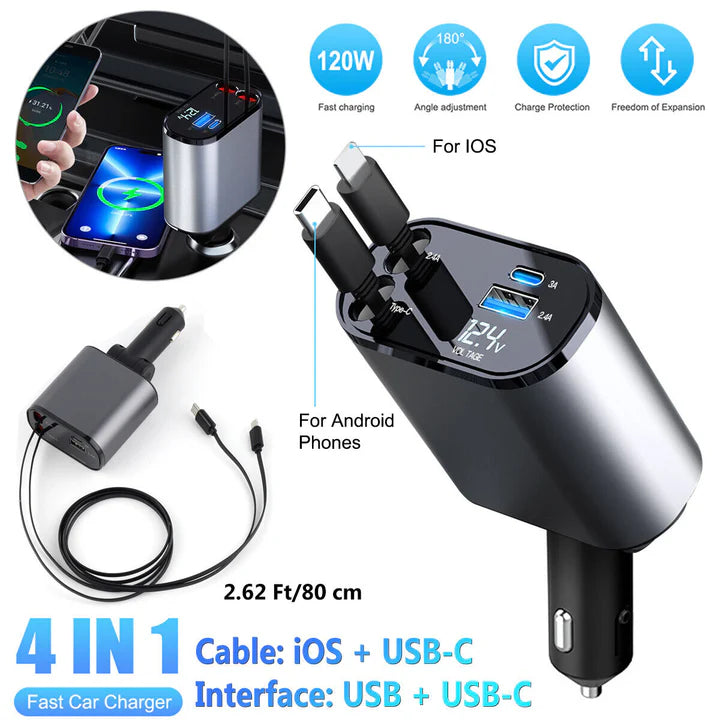 4-in-1 Retractable 120W Fast Car Charger with Dual USB Ports